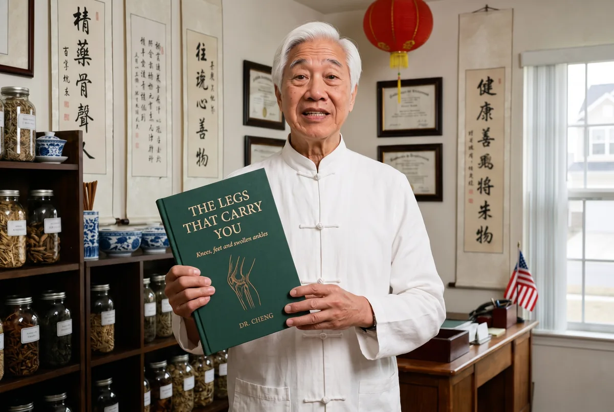Dr. Cheng in his herbal apothecary, holding up The Legs That Carry You — a green cloth-bound book with a drawing of a knee joint on the cover.